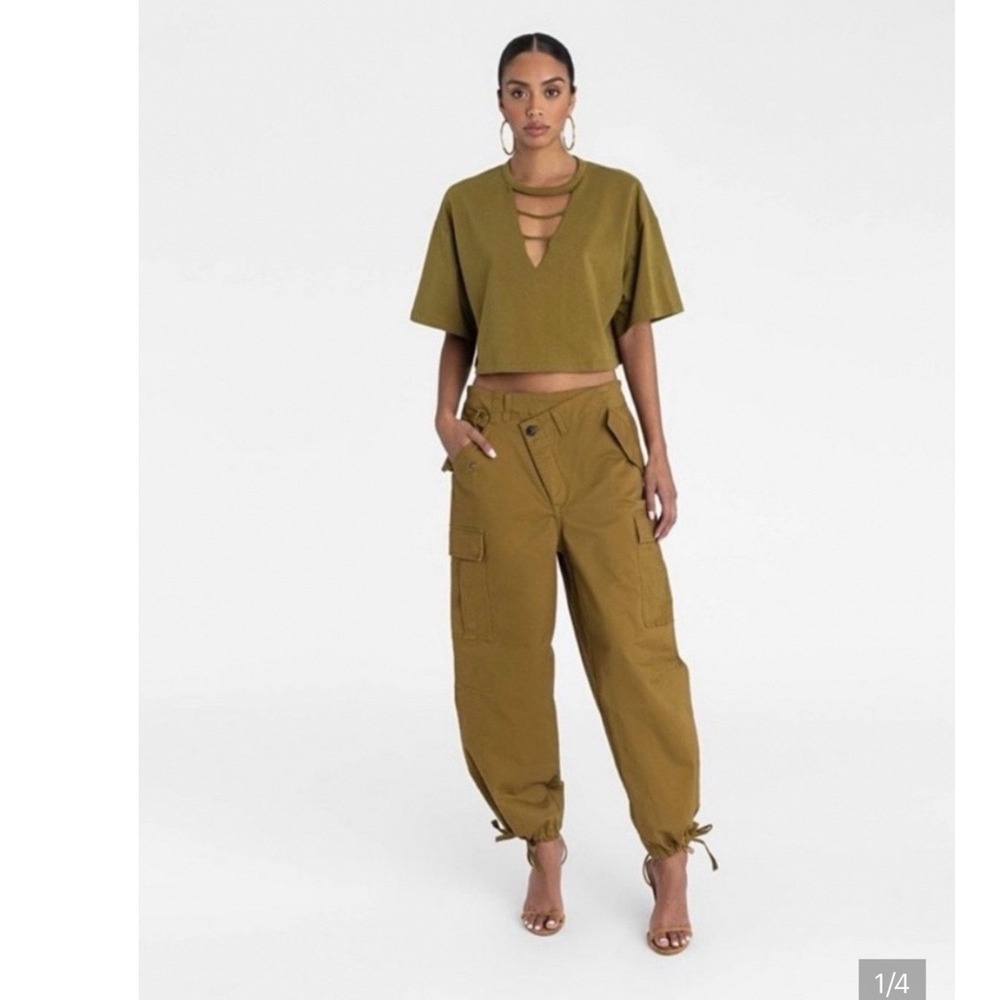 KBB by Kahlana Women Tan "The Cargo Jogger" Pants Asymmetrical Waist New Size L